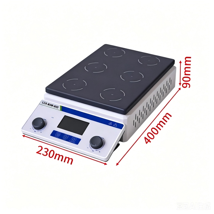 Powder Supply Single-phase,AC220V,50-60Hz Display LCD Speed Ranger 100～1600rpm Timer Range 1min～99h59min Temperature Range RT+5℃～150℃ Temperature Accuracy ±3℃（measured after 20 min stabilization） Stirring Positions 6 Maximum Stirring Volume 0.8L（H₂0）*6 channels Plate Material 304 Stainless Steel + PTFE Coating Motor Type DC Brushless Motor Working Area Size Approx.L210*W290mm